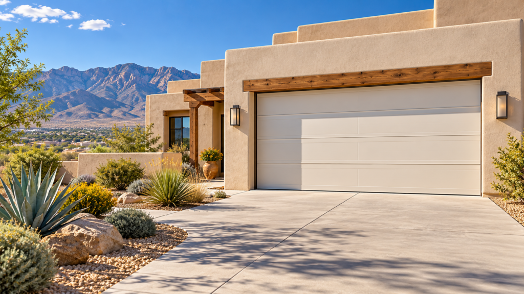 Sunlit Adobe Home featuring a new garage door
